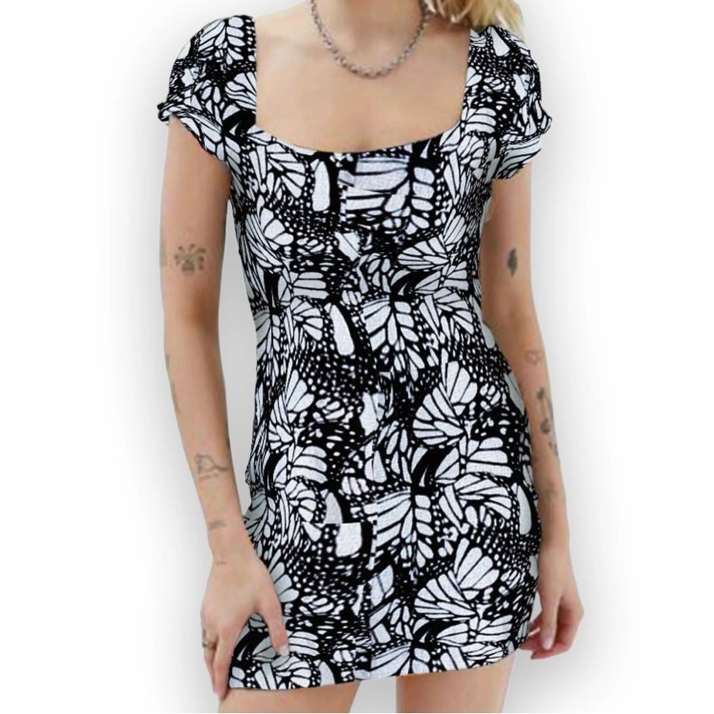 Urban Outfitters Black and White Butterfly-Print Mini Dress